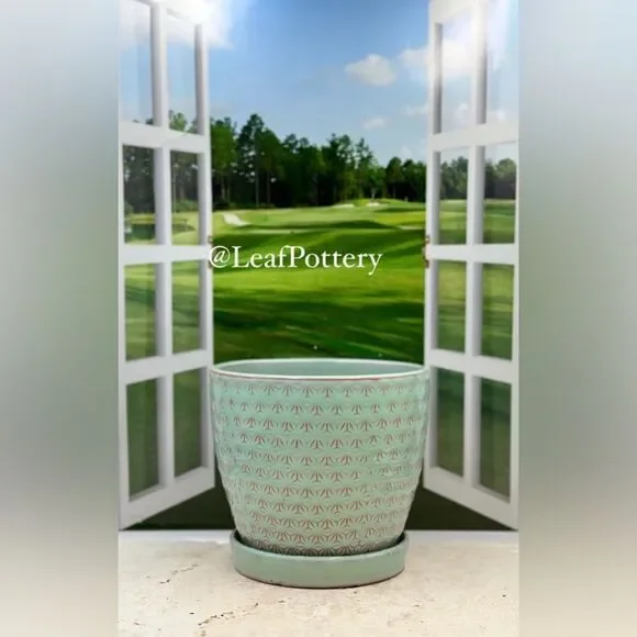 Atasi Aqua/Pink Ceramic Planter Pot with Saucer Attached - Picture 2 of 9